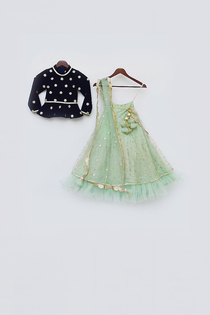 Mint Sequins Embroidered Lehenga Set For Girls by Fayon Kids at Pernia's Pop Up Shop