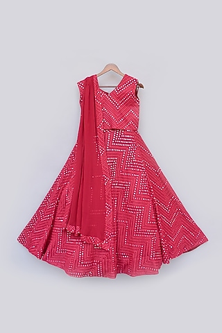 Red Georgette Embroidered Lehenga Set For Girls by Fayon Kids