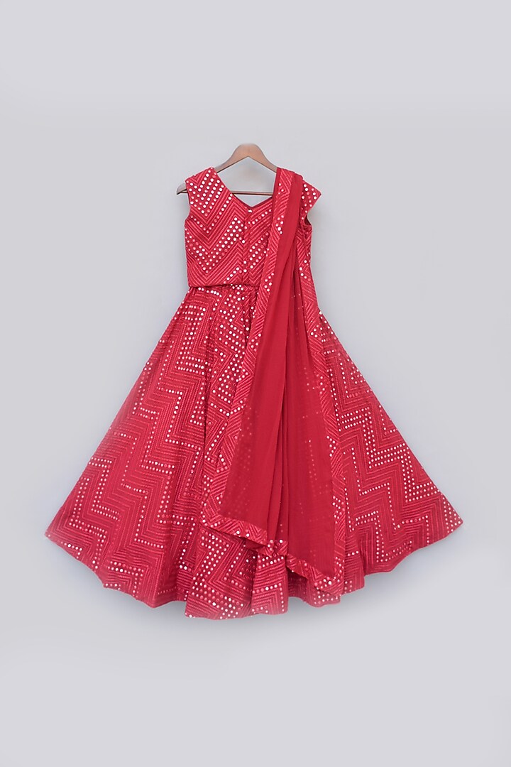 Red Georgette Embroidered Lehenga Set For Girls by Fayon Kids at Pernia's Pop Up Shop