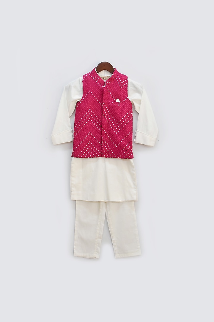 Pink Cotton Silk Embroidered Nehru Jacket With Kurta Set For Boys by Fayon Kids