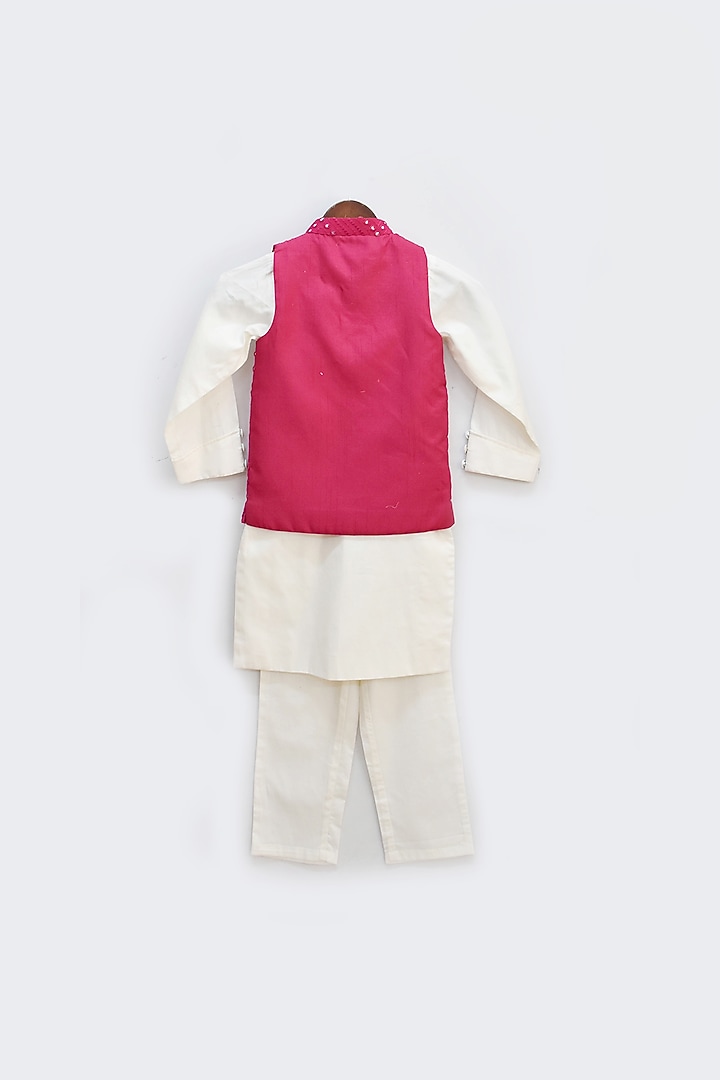 Pink Cotton Silk Embroidered Bundi Jacket Set For Boys by Fayon Kids at Pernia's Pop Up Shop
