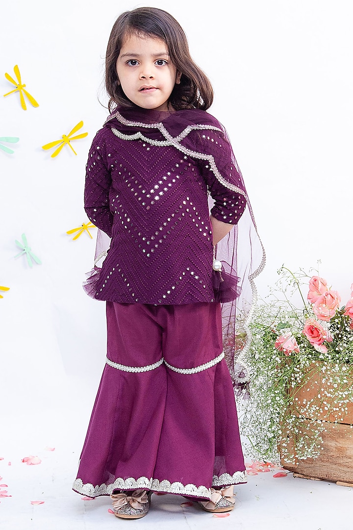 Wine Georgette & Silk Sharara Set For Girls by Fayon Kids at Pernia's Pop Up Shop