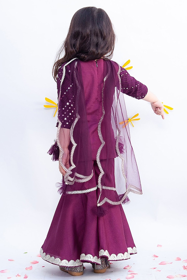 Wine Georgette & Silk Sharara Set For Girls by Fayon Kids at Pernia's Pop Up Shop