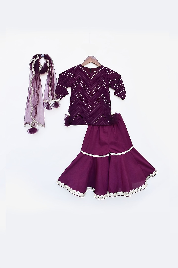 Wine Georgette & Silk Sharara Set For Girls by Fayon Kids at Pernia's Pop Up Shop