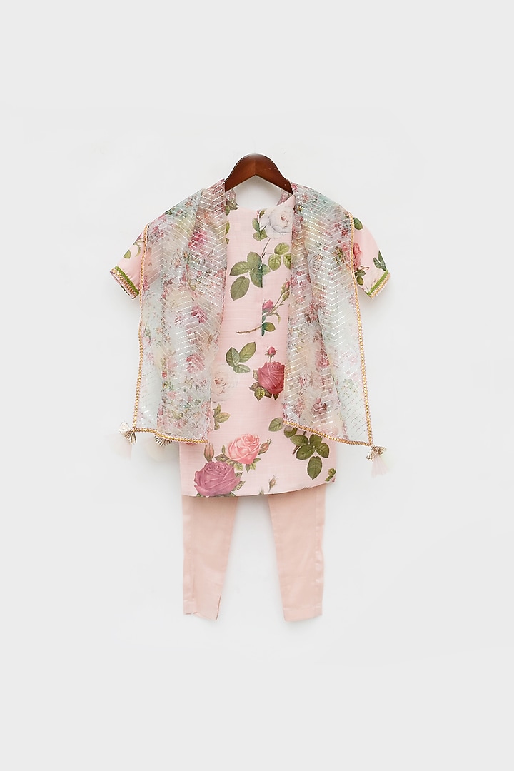 Peach Cotton Floral Printed Kurta Set For Girls by Fayon Kids at Pernia's Pop Up Shop