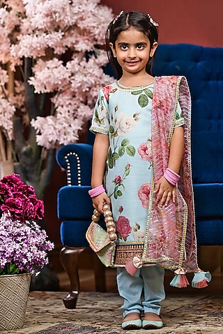 Blue Cotton Floral Printed Kurta Set For Girls by Fayon Kids