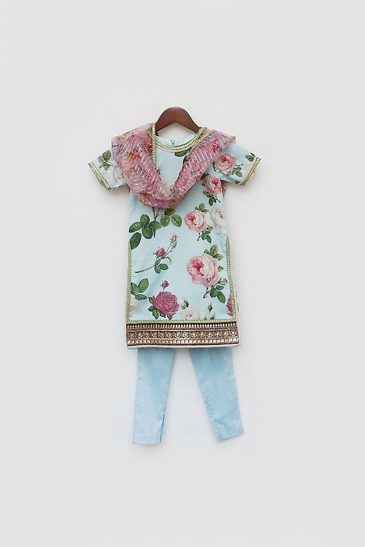 Blue Cotton Floral Printed Kurta Set For Girls by Fayon Kids at Pernia's Pop Up Shop
