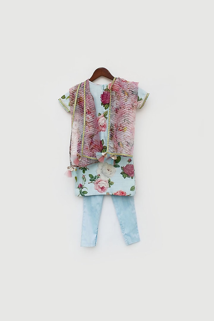 Blue Cotton Floral Printed Kurta Set For Girls by Fayon Kids at Pernia's Pop Up Shop