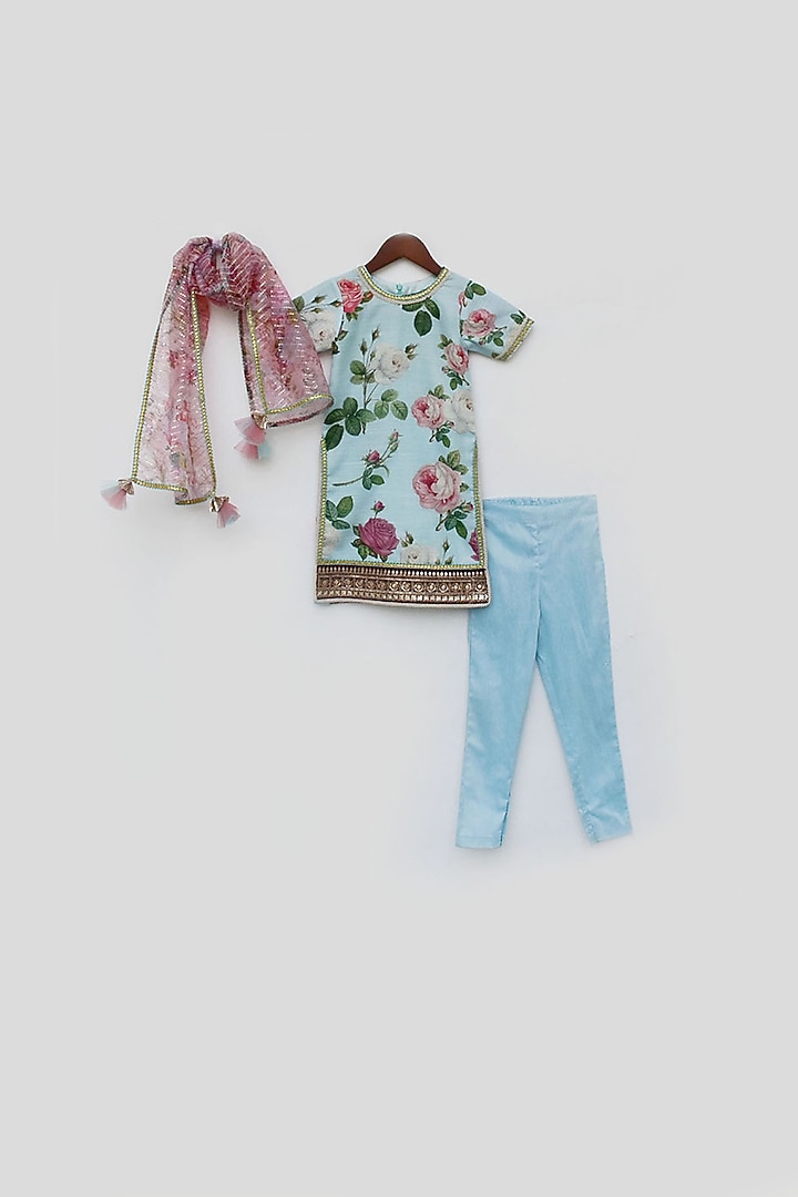 Blue Cotton Floral Printed Kurta Set For Girls by Fayon Kids at Pernia's Pop Up Shop