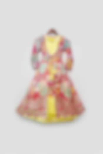 Yellow Georgette Printed Jacket With Anarkali For Girls by Fayon Kids