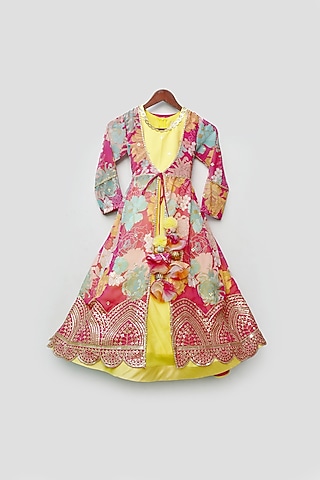 Yellow Georgette Printed Anarkali Set For Girls by Fayon Kids