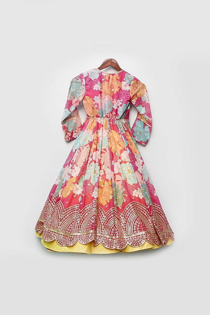 Yellow Georgette Printed Anarkali Set For Girls by Fayon Kids at Pernia's Pop Up Shop