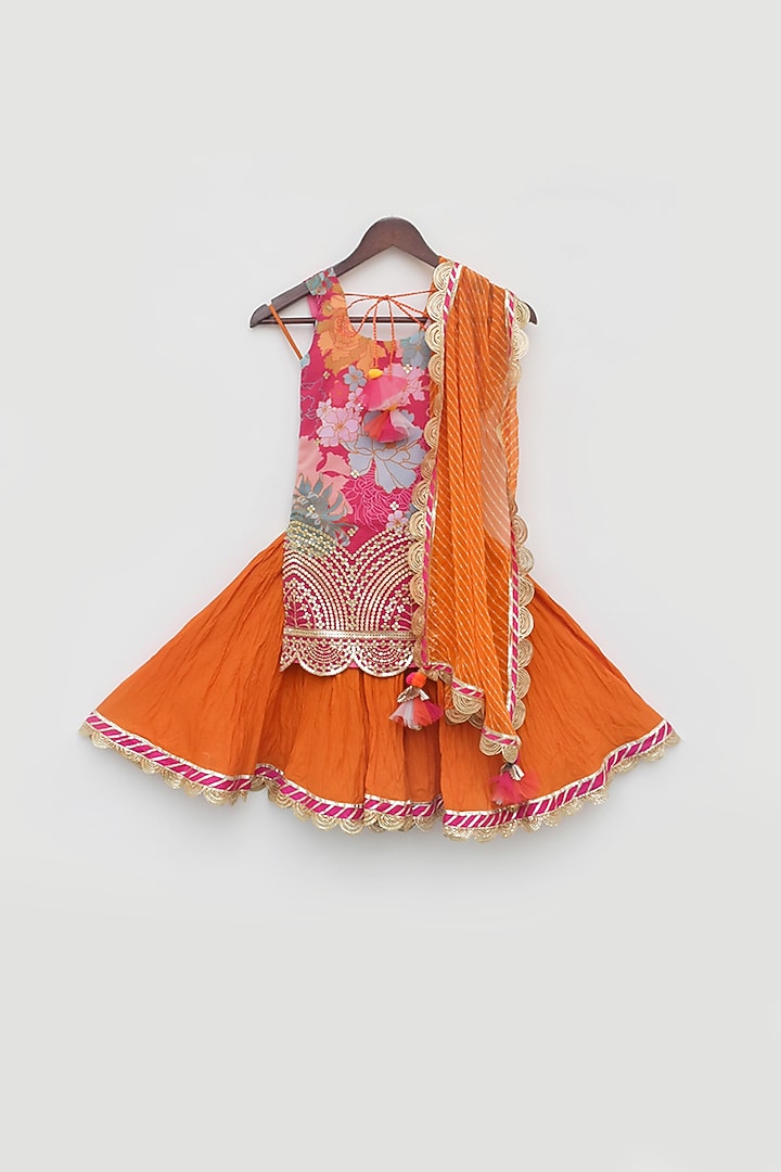 Orange Georgette Lehenga Set For Girls by Fayon Kids at Pernia's Pop Up Shop