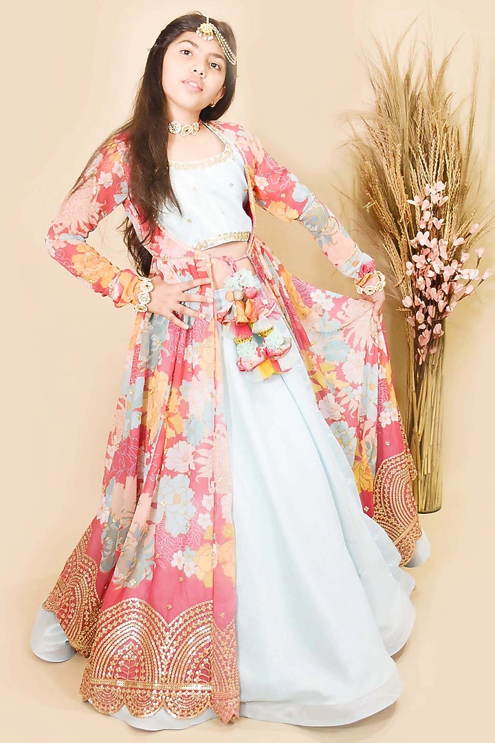 Aqua Blue Silk & Georgette Jacket Lehenga Set For Girls by Fayon Kids at Pernia's Pop Up Shop