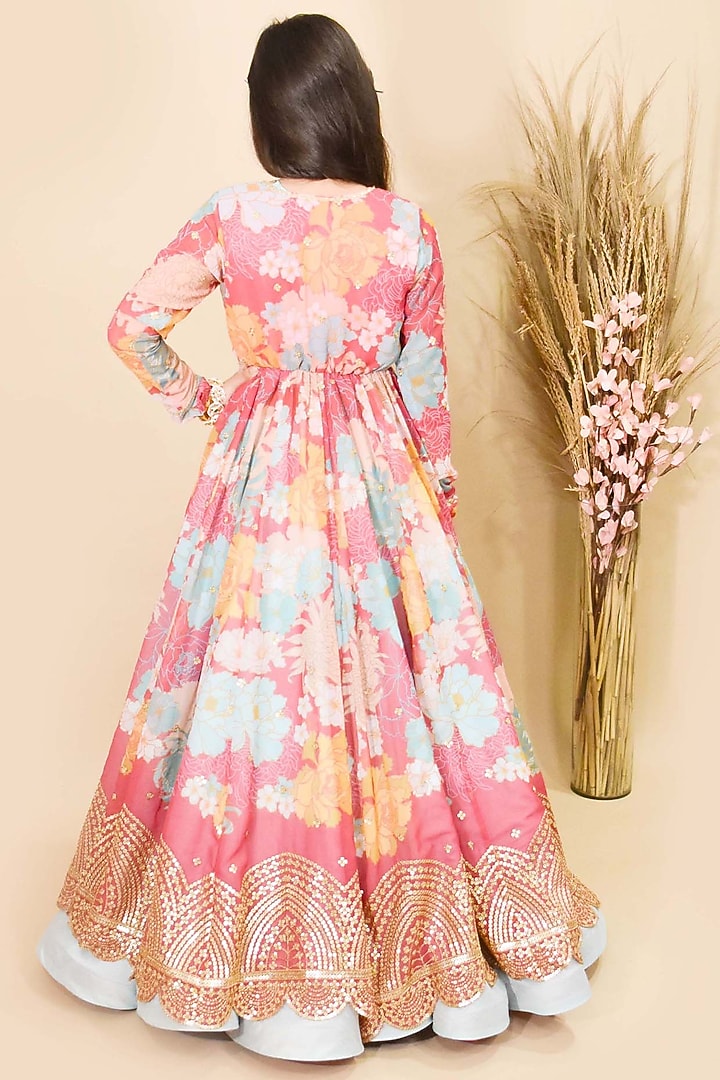 Aqua Blue Silk & Georgette Jacket Lehenga Set For Girls by Fayon Kids at Pernia's Pop Up Shop