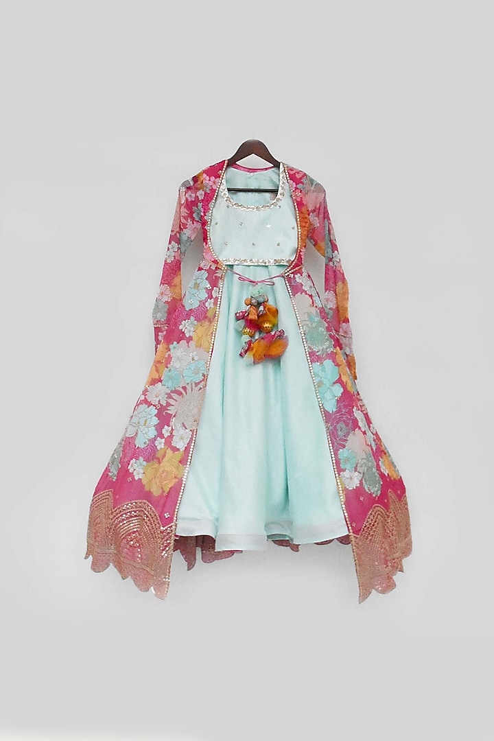 Aqua Blue Silk & Georgette Jacket Lehenga Set For Girls by Fayon Kids at Pernia's Pop Up Shop