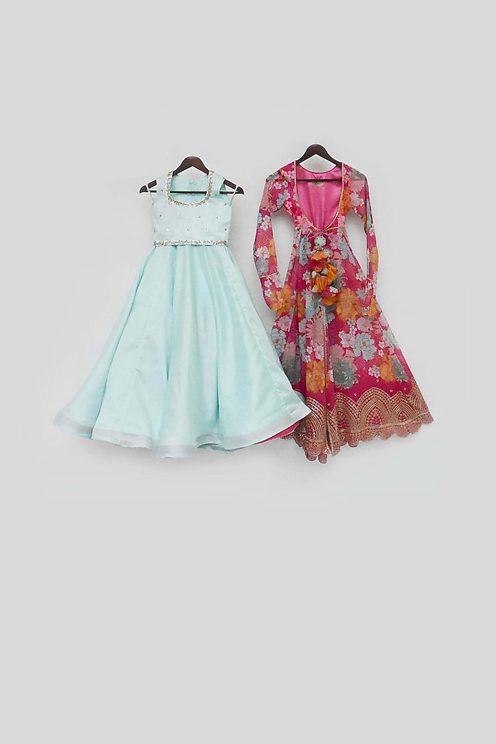 Aqua Blue Silk & Georgette Jacket Lehenga Set For Girls by Fayon Kids at Pernia's Pop Up Shop