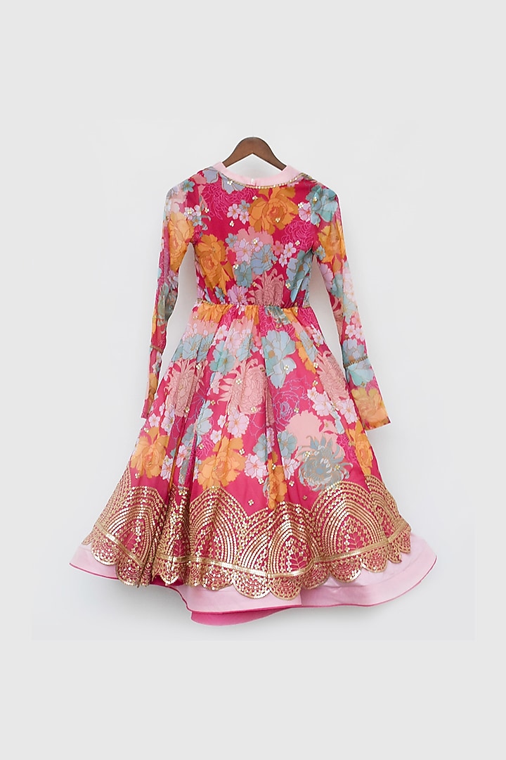 Pink Silk & Georgette Jacket Lehenga Set For Girls by Fayon Kids at Pernia's Pop Up Shop
