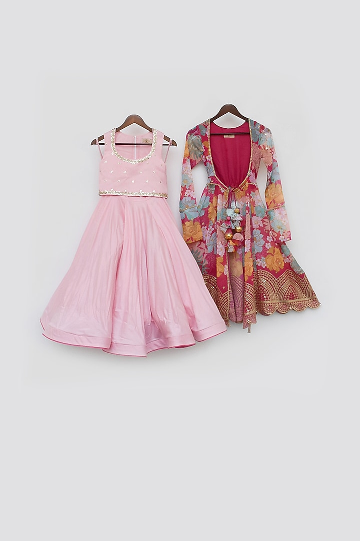 Pink Silk & Georgette Jacket Lehenga Set For Girls by Fayon Kids at Pernia's Pop Up Shop
