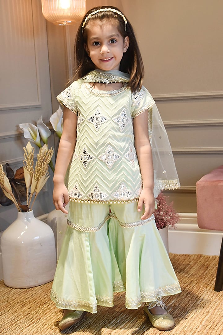 Green Silk Sharara Set For Girls by Fayon Kids