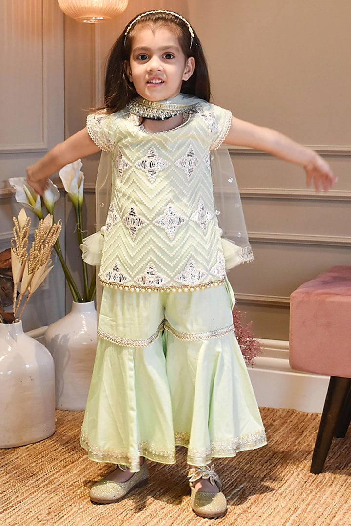 Green Silk Sharara Set For Girls by Fayon Kids at Pernia's Pop Up Shop
