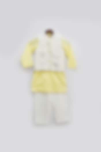 Yellow Cotton Silk Embroidered Kurta Set With Nehru Jacket For Boys by Fayon Kids