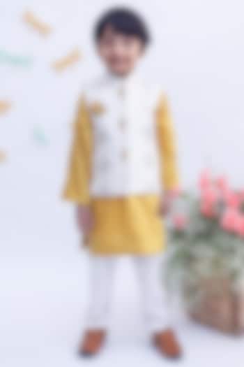 Mustard Cotton Silk Embroidered Kurta Set With Nehru Jacket For Boys by Fayon kids