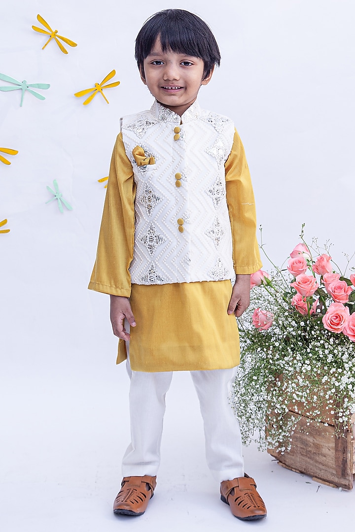 Mustard Cotton Silk Embroidered Kurta Set With Nehru Jacket For Boys by Fayon kids