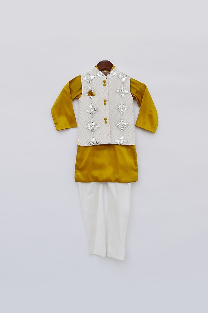 Mustard Cotton Silk Embroidered Kurta Set With Nehru Jacket For Boys by Fayon Kids at Pernia's Pop Up Shop