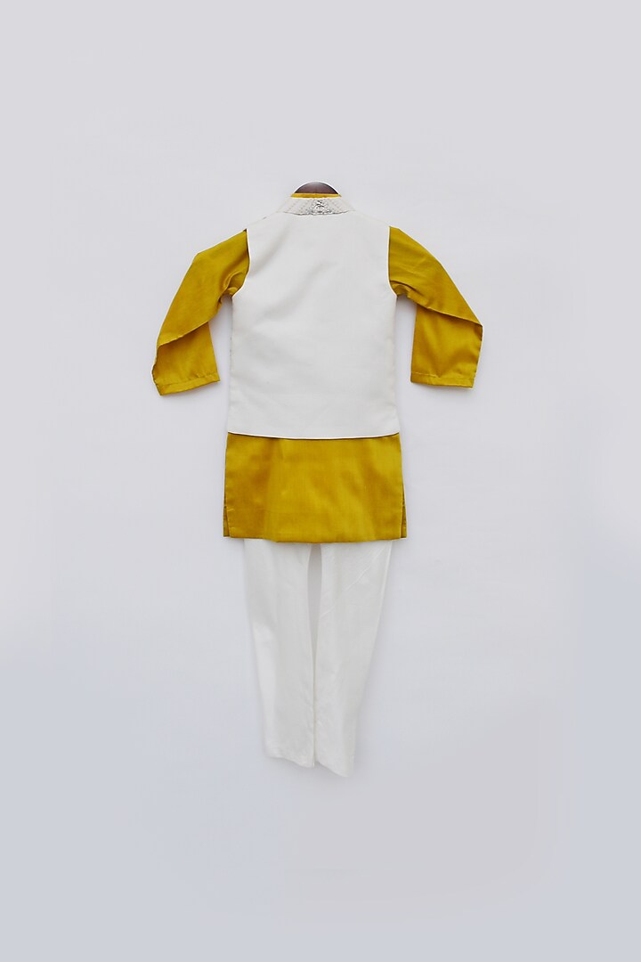 Mustard Cotton Silk Embroidered Kurta Set With Nehru Jacket For Boys by Fayon Kids at Pernia's Pop Up Shop