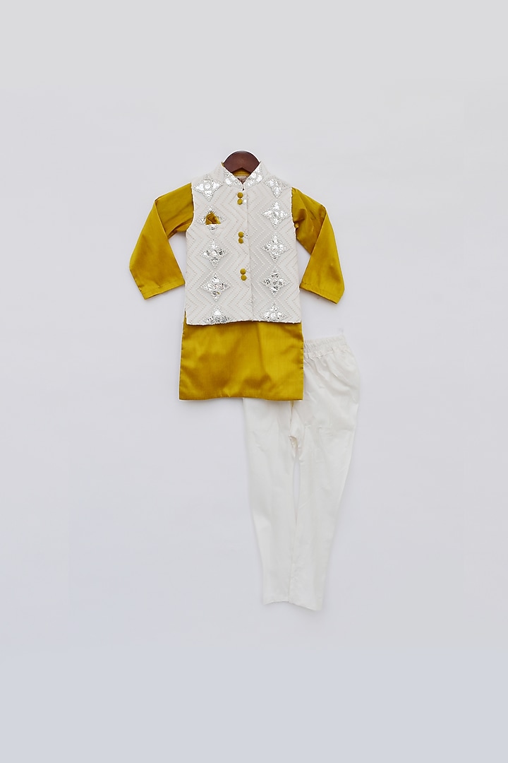 Mustard Cotton Silk Embroidered Kurta Set With Nehru Jacket For Boys by Fayon Kids at Pernia's Pop Up Shop