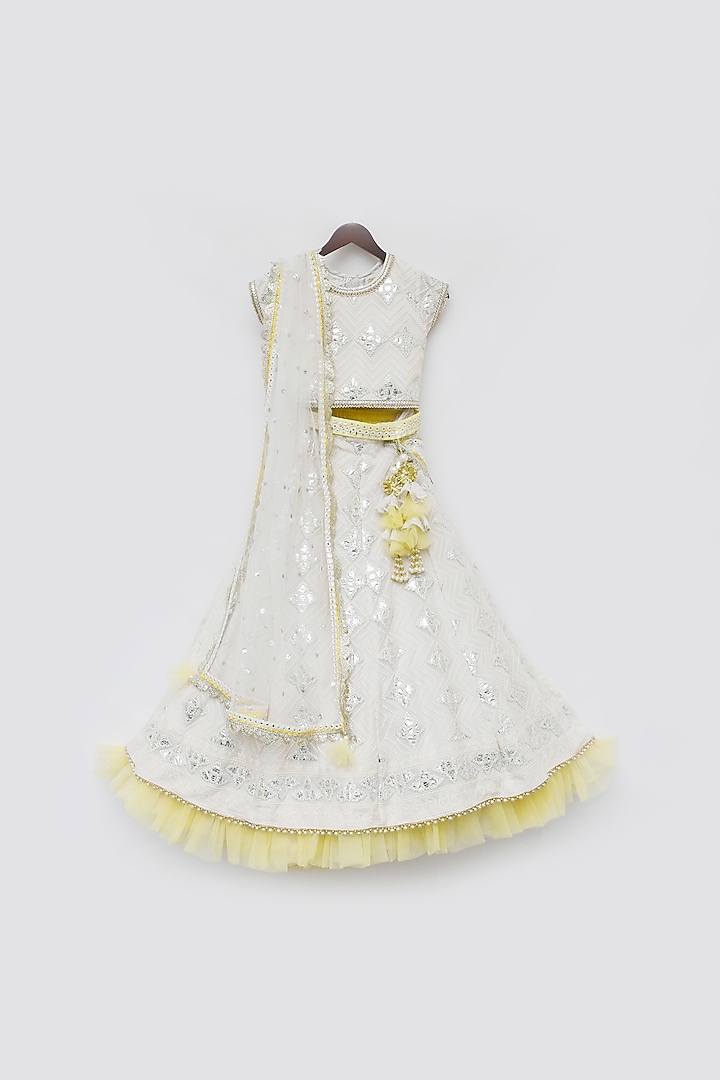 Off-White & Mustard Embroidery Lehenga Set For Girls by Fayon Kids at Pernia's Pop Up Shop