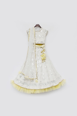 Off-White & Mustard Embroidery Lehenga Set For Girls by Fayon Kids