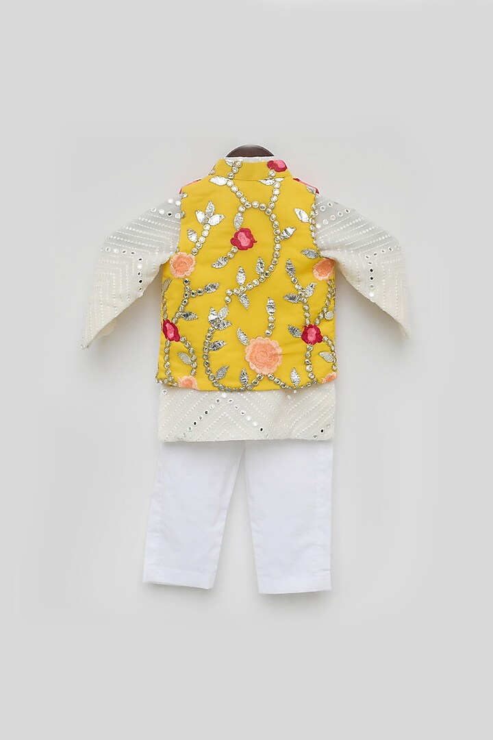 White Cotton Silk Embroidered Kurta Set With Nehru Jacket For Boys by Fayon Kids at Pernia's Pop Up Shop