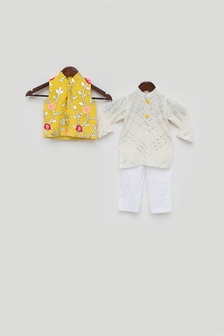 White Cotton Silk Embroidered Kurta Set With Nehru Jacket For Boys by Fayon Kids at Pernia's Pop Up Shop