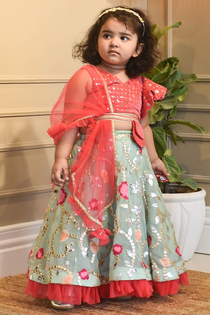 Green Georgette Embroidered Lehenga Set For Girls by Fayon Kids at Pernia's Pop Up Shop
