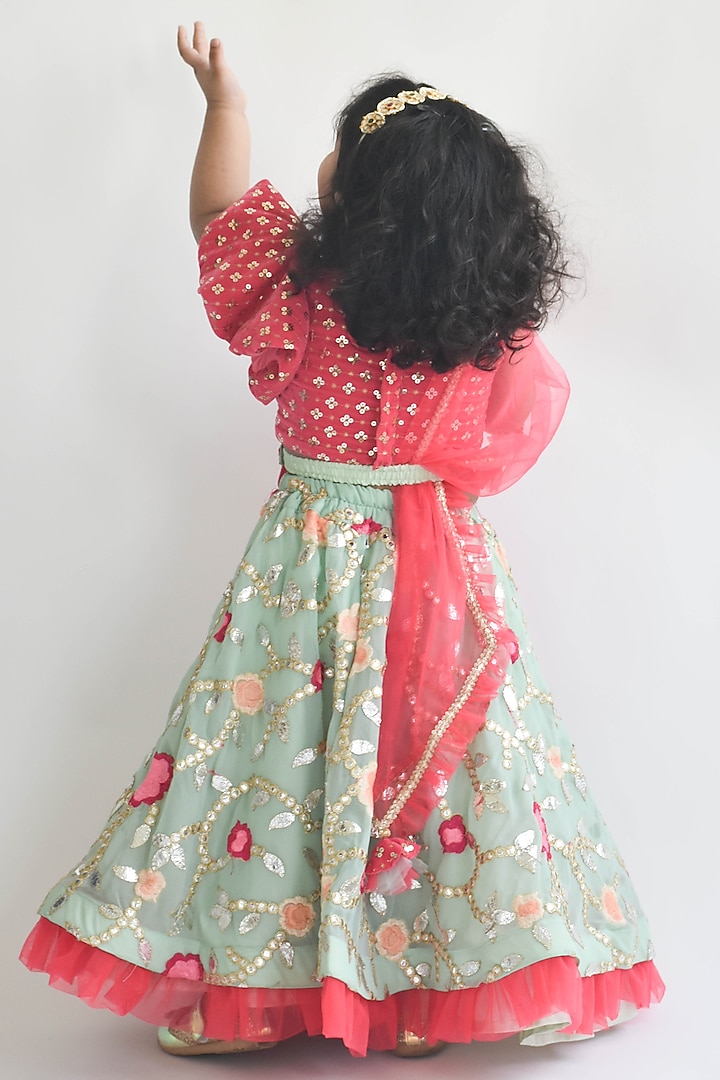 Green Georgette Embroidered Lehenga Set For Girls by Fayon Kids at Pernia's Pop Up Shop