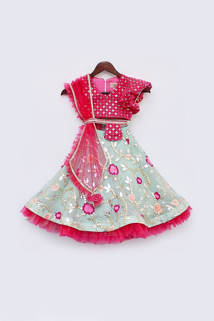Green Georgette Embroidered Lehenga Set For Girls by Fayon Kids