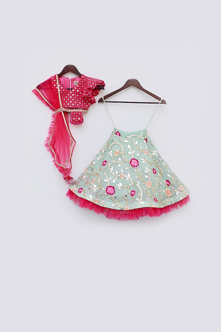 Green Georgette Embroidered Lehenga Set For Girls by Fayon Kids at Pernia's Pop Up Shop