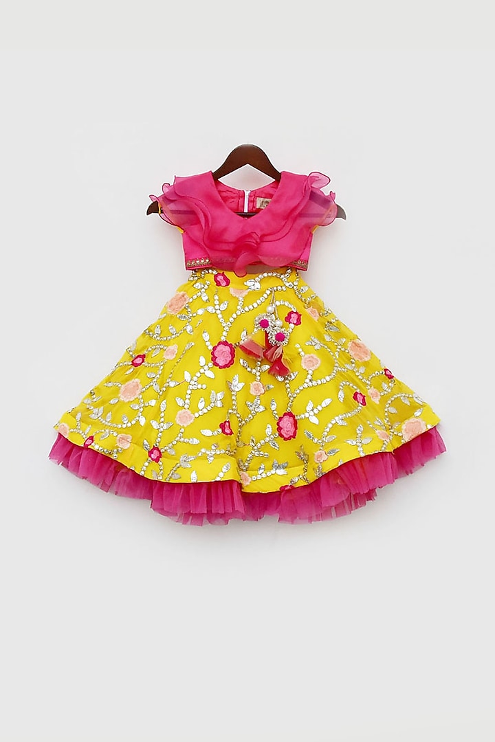 Yellow Organza Embroidered Lehenga Set For Girls by Fayon kids