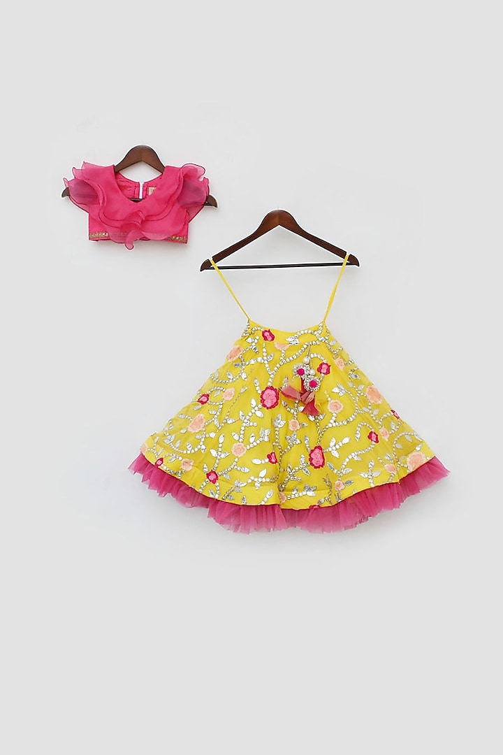 Yellow Organza Embroidered Lehenga Set For Girls by Fayon Kids at Pernia's Pop Up Shop