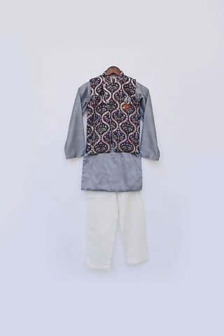 Dark Blue Velvet Embroidered Jacket With Kurta Set For Boys by Fayon Kids