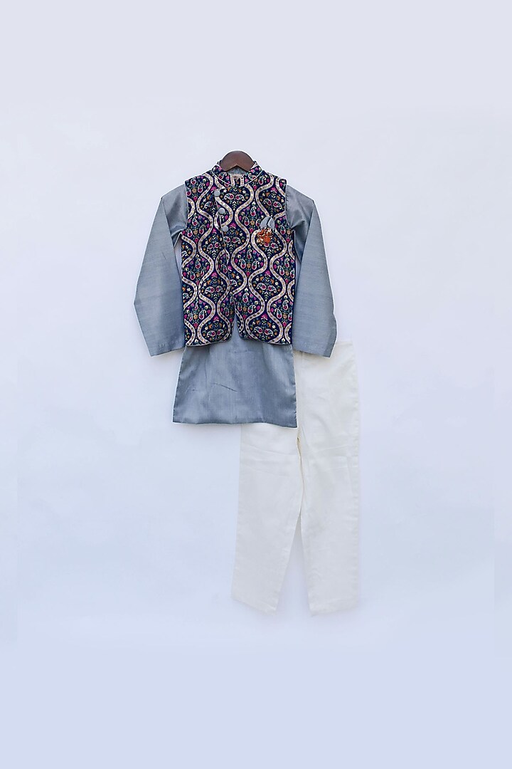Dark Blue Velvet Embroidered Jacket With Kurta Set For Boys by Fayon Kids at Pernia's Pop Up Shop