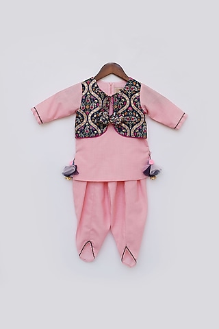 Pink Cotton Silk Dhoti Set For Girls by Fayon Kids
