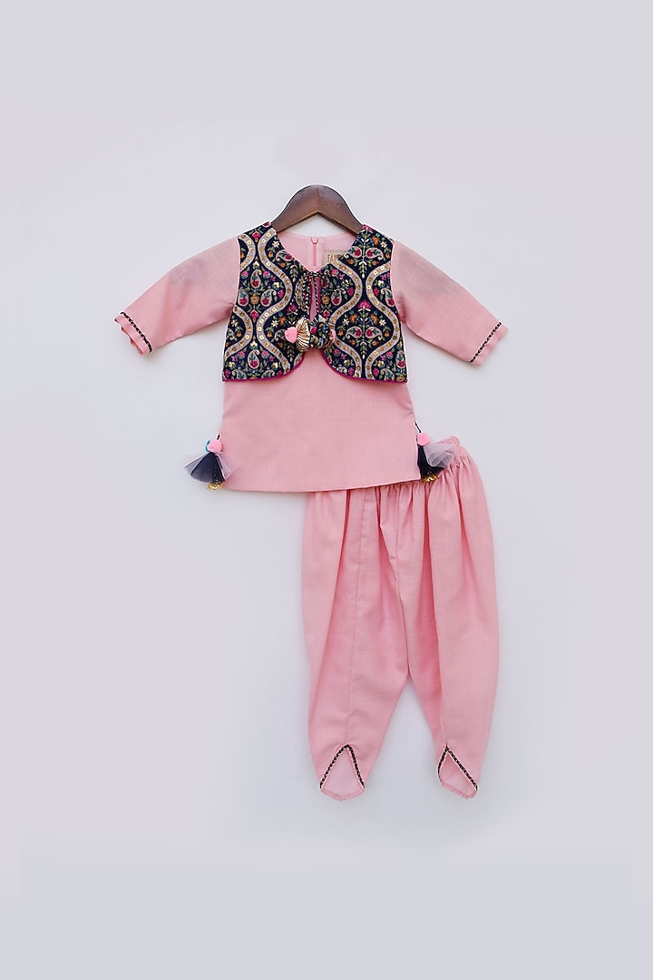 Pink Cotton Silk Dhoti Set For Girls by Fayon Kids at Pernia's Pop Up Shop