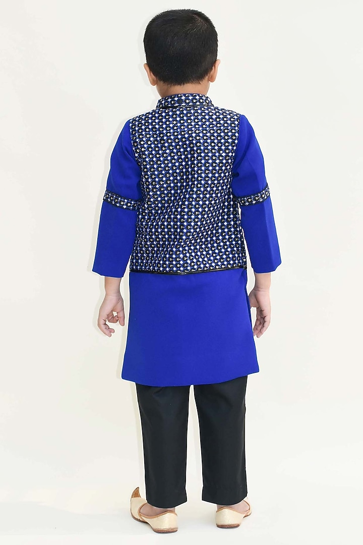 Blue & Black Crepe & Cotton Embroidered Achkan Kurta Set For Boys by Fayon Kids at Pernia's Pop Up Shop