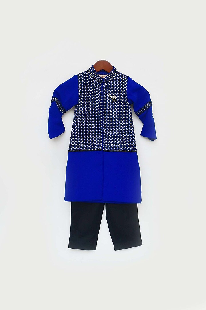 Blue & Black Crepe & Cotton Embroidered Achkan Kurta Set For Boys by Fayon Kids at Pernia's Pop Up Shop