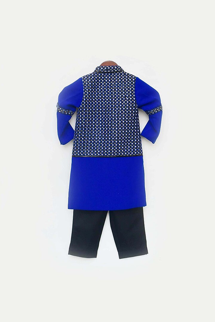 Blue & Black Crepe & Cotton Embroidered Achkan Kurta Set For Boys by Fayon Kids at Pernia's Pop Up Shop