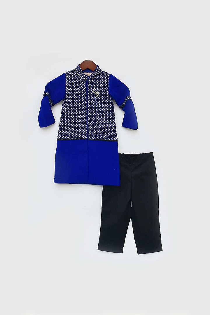 Blue & Black Crepe & Cotton Embroidered Achkan Kurta Set For Boys by Fayon Kids at Pernia's Pop Up Shop