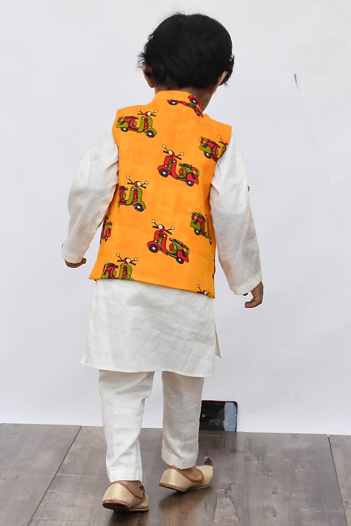 Orange Cotton Silk Printed Nehru Jacket Set For Boys by Fayon Kids at Pernia's Pop Up Shop